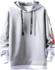 [foxseon] メンズ パーカー 長袖 フード付き レイヤード カジュアル プルオーバー グレー L