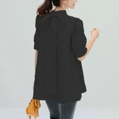 ☆ ブラック ☆ Lサイズ ☆ ブラウス リボン mmrbbs0711c ブラウス リボン シャツ トップス プルオーバー 半袖?五分袖 パフスリーブ Aライン フレア ハイネック コットン シンプル 無地 通勤 通学 オフィス カジュアル
