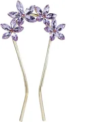 Miaomyao ミャオミャオ 簪 かんざし バチ型 髪飾り 和装 留袖 着物 金属 アンティーク パープル クリスタルフラワー 花 キュービックジルコニア U字 コーム ヘアアクセサリー(Purple,  大きめ)