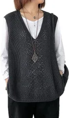 Nestkanina ネストカニーナ ニットベスト レディース 薄手 ゆったり アウター Vネック( グレー,  Free Size)