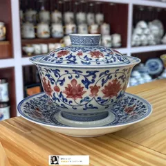 景徳鎮 青花釉里紅三才蓋碗 茶碗 煎茶器 未使用品 青花釉里紅祥龍三才蓋碗 中国茶器 景徳? 蓋付き茶器 飲茶食器