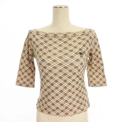 バーバリーブルーレーベル BURBERRY BLUE LABEL Tシャツ カットソー 七分袖 ボートネック ノバチェック ロゴ 刺繍 コットン ベージュ M ■GY99