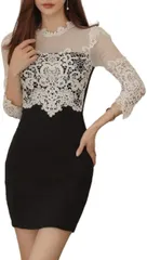 ISLAYCAOLILA キャバドレス ミニドレス クラブドレス パーティードレス ワンピース タイト レース シースルー シアー クルーネック ベアトップ 七分袖 ウエストマーク レディース C38(黒 白,  S)