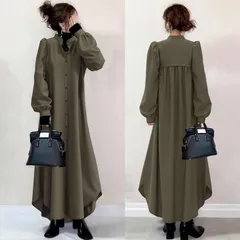 ロングワンピース レディース秋物 長袖ワンピース シャツワンピース ボタン スタンドカラー 通勤 無地 秋ワンピース 春秋 フレアワンピース 羽織るもの