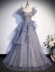 【新品 未使用】2026新作 ウェディングドレスグレーブルー ロングドレス パフスリーブ Aライン ビジュー付き エレガント ナイトドレス 演奏会用 発表会用 フォーマル パーティードレス ステージ衣装 高級感 プリンセススタイル