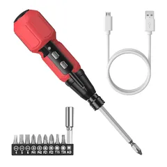 電動と手動式 2 in1 電動ドライバー ボールグリップドライバー ナットドライバー 差替ドライバーセット 電工ドライバー 修理ツール 充電式 LEDライトとUSBケーブル付き 10本組 レッド 0