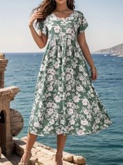 春夏にぴったりの　花柄クルーネックワンピース　カジュアルなショートスリーブのAラインドレス　女性用の服　Lサイズ