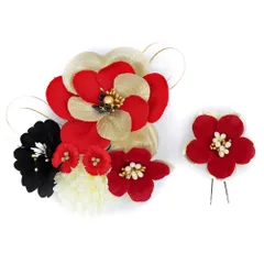 髪飾り 成人式 振袖 前撮り 袴 2点セット 花 赤 黒 ゴールド オフホワイト 生成り ちりめん ラメ 花ごころ 造花 大きい 小さい No.12-0814
