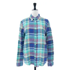【美品】RALPH LAUREN ラルフローレン シャツ グリーン系 サイズ:M / リネン チェック シャツ / 長袖 ボタンダウン ワンポイント ポニー 刺繍 / トップス ブラウス カジュアルシャツ【レディース】【中古】