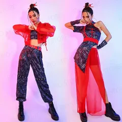 赤 ブラック チャイナ風 ステージ衣装 ダンス衣装 大人 セットアップ レディース 中華風 ヒップホップ ダンス 衣装 社交ダンス DSダンス
