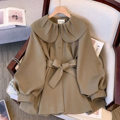 【新品】レトロガーリー♡ビッグカラーボリュームスリーブコート レディース ウエストベルト パフスリーブ 丸襟 秋冬 ブラウン アイボリー ブラック M L 　E1522