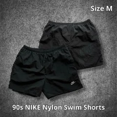 90s NIKE Nylon Swim Shorts ナイキ ナイロンスイムショーツ ブラック Mサイズ タイ製 スウッシュロゴ 刺繍 ウエストゴム ドローコード サイドスリット ストリート スポーツ