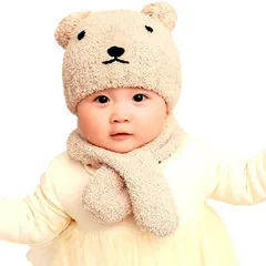 ｍiaotti ミャオッティ ベビーニット帽子 マフラー 2点セット くま 赤ちゃん 新生児 冬 耳付き 防寒対策 0～2歳 フリーサイズ(ベージュ,  3-3 Years)