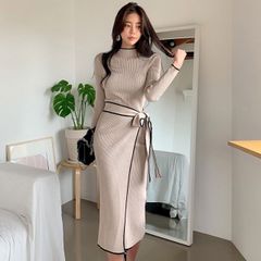 ワンピース　アプリコット フリーサイズ  腰リボン帯 韓国風 スタイル タイウエスト ニットセーター