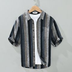 夏新品 リネンシャツ 半袖シャツ メンズシャツ ストライプ柄 亜麻100% 麻シャツ アロハシャツ 清涼感 サマー 快適 心地良し