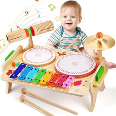 【特売】OATHX 子供ドラムセット幼児赤ちゃん音楽打楽器7で1モンテッソーリ幼児音楽玩具子供ドラムキット木琴木製サウンダの子と
