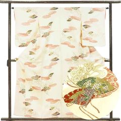 小紋 身丈159cm 裄64cm 前幅23.5cm 後幅28.5cm 袖丈56cm 袖幅33cm レディース 袷 雲取り 裄Mサイズ 秋冬春用 正絹（シルク）イエロー やや難 リメイク リユース リサイクル【呉服のきくや】
