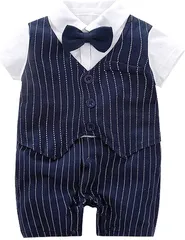 しあわせ倉庫 ベビー服 ベビーフォーマル 男の子 半袖 ロンパース 赤ちゃん 出産祝い お宮参り 100日祝い 結婚式 誕生日 記念撮影 ネイビー ストライプ 90cm(ネイビー ストライプ,  90)