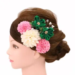 髪飾り 成人式 つまみ細工 振袖 前撮り 袴 浴衣 夏祭り 花火大会 豪華6点セット 緑 白 ピンク ちりめん パール パールピン ヘ No.9-4238