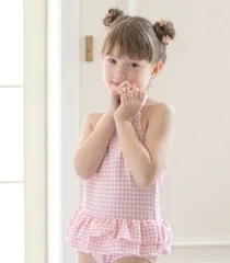 【ホルター・ピンク】ワッフルライクギンガムスイムワンピース TAK キッズ キャサリンコテージ