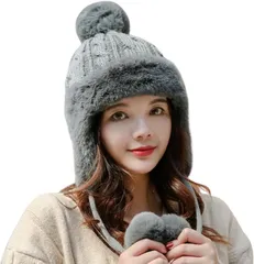 ソユル 耳あて付き ニット帽 パイロット キャップ エコファー ポンポン付き アウトドア カジュアル レディース( グレー,  Free Size)