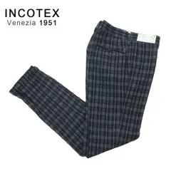 60%OFF 新品 インコテックス INCOTEX パンツ 32 MPT2829 Mサイズ ダークネイビー メンズ ウールコットンパンツ チェック柄 SLIM FIT