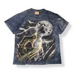 90s ★THE MOUNTAN ★古着 ★90年代 ★アニマル ★used ★アニマルプリント ★プリントTシャツ ★ネイビー ★タイダイ ★オオカミ ★ウルフ ★満月 ★個性派 ★初期タグ ★フェス