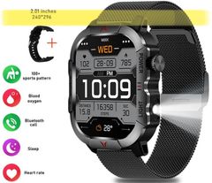 ⭐️人気モデル⭐️新品 スマートウォッチ 黒メッシュベルト 男性女性兼用 LED ライト 懐中電灯 フィットネス 体温 スポーツ 2.01インチ 大画面 キャンプ アウトドア iPhone Android スマホ対応