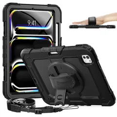 【在庫処分】(ブラック) ケース ケース 2024 11インチ 11インチ Pro Pro iPad iPad M4 多機能 便利 子供友好 タイピング 傷防止 防塵 現場 首掛け 肩掛け ストラップ バンド&ショルダー 縦置き 横置き Pencil対応 ペン