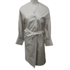 エリン ELIN Gabardine satin cuff wrap coat ノーカラーコート ジャケット ロング丈 グレー 36 Sサイズ 0217 のサムネイル