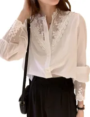 [ウェアビー] ブラウス 長袖 レース シャツ シースルー きれいめ ボタン シフォン 花柄 レディース とろみ ドレス 刺繍 しゃつ 流行 オシャレな服 卒園式 かじゅある 結婚式 パーティー 大人かわいい お呼ばれ 着痩せ ながそで  [ホワイト] [L]