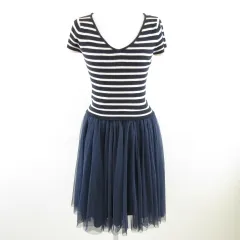 セシルマクビー CECIL McBEE ワンピース リブニット 半袖 ボーダー チュール ひざ丈 白 黒 紺 M *A891