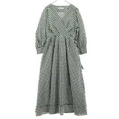 美品 EVERY.VERY NICE CLAUP エブリーベリーナイスクラップ チェック柄 半袖 Vネック ロングワンピース F ブラック系 裏面プリーツ素材 レディース 古着