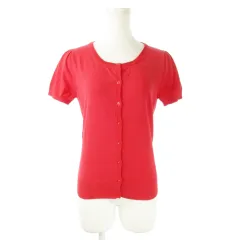 ナチュラルビューティーベーシック NATURAL BEAUTY BASIC カーディガン ニット ラウンドネック 半袖 コットン ストレッチ シンプル きれいめ M 赤 レッド /AO14 ☆