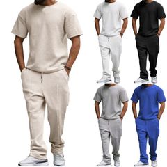 上下セット ワッフル セットアップ メンズ カットソー ジャージ 半袖Tシャツ yifengyu85