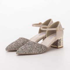パンプス ベージュ 結婚式 ストラップ チャンキーヒール 22.5 23 23.5 24 24.5 グリッター ラメ ポインテッドトゥ レディース オケージョン フォーマル haremode 3419