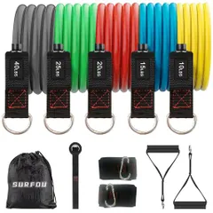SURFOUトレーニングチューブ筋トレグッズ50kg/110LBS懸垂チューブフィットネスチューブ天然ゴムチューブ強度別5本ドアアンカー足首バンドハンドル収納袋付き11セット自宅用