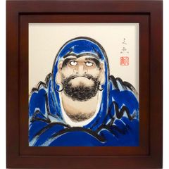 だるま大師　青銅製彩色 色紙額 中谷文魚 「青達磨」 日本画 真筆 額入り 肉筆画 手描き