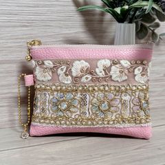 インド刺繍リボン フラットポーチ ピンク マルチポーチ キーホルダー