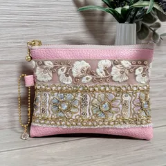 インド刺繍リボン フラットポーチ ピンク マルチポーチ キーホルダー