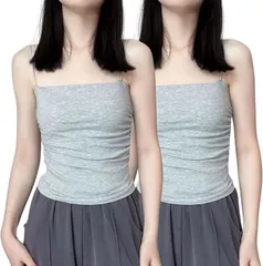 YasYouRi キャミソール カップ付き ブラトップ 2枚セット スパゲッティストラップ 見せキャミ 柔らかい 伸縮性 タンクトップ 吸汗速乾 無地 インナー 袖なし 見せる フェミニン(グレー/グレー,  Free Size)
