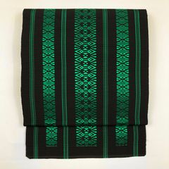 リユース帯 名古屋帯 黒 緑 カジュアル 織り 献上柄 未洗い MS1451
