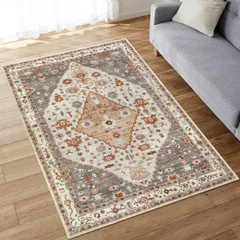 HAOCOO ラグ 洗える 90×150cm オールシーズン適用 エスニック風 ラグマット 1畳 ふわふわ おしゃれ 滑り止め 低反発 防ダニ 防臭 軽量 防音マット 室内用 デスクマット ダイニングマット ホットカーペット対応 アンティーク 民族模様のサムネイル