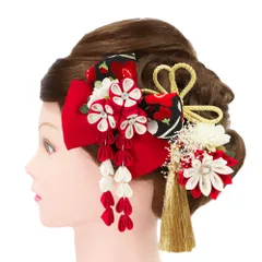 髪飾り リボン 卒業式 袴 成人式 つまみ細工 赤 振袖 前撮り 3点セット 黒 白 ゴールド ちりめん 藤下がり 組紐 房付き ライン No.9-5135