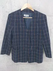 ◇ VINVERT バンベール 肩パッド 格子柄 ダブル 長袖 ノーカラー ジャケット 13BR ネイビー *  【1002800195428】