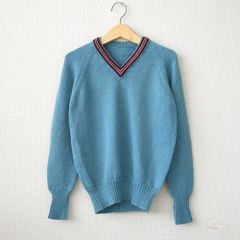 Vネック セーター ニット ラグランスリーブ ライン ライトブルー 水色古着【UR-0641】