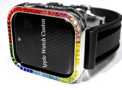 シルバーレインボー×ブラックAppleWatchキラキラカバーアップルウォッチラバーバンド