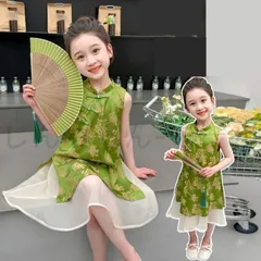 【新品?未使用】 ワンピース 子供服 ノースリーブ裾 子供服 女の子 チュール 中華風ワンピース ドレス キッズ 女児 小学生 キッズ 可愛い 