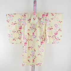 浴衣 uniqlo子供浴衣 ユニクロ浴衣 巾着セット 女児用ゆかた 身長120cm向け 朝顔模様 薄黄色ｘピンク色 女の子用 身丈119cm