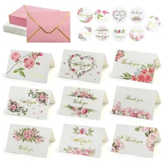 【在庫処分】挨拶状 箔押し 結婚式 サンキューカード シール付き 感謝祭 花の柄 9種類 ビジネス グリーティングカード 90枚セット 誕生日 感謝カード 封筒付き お礼状用 メッセージカード VANRA